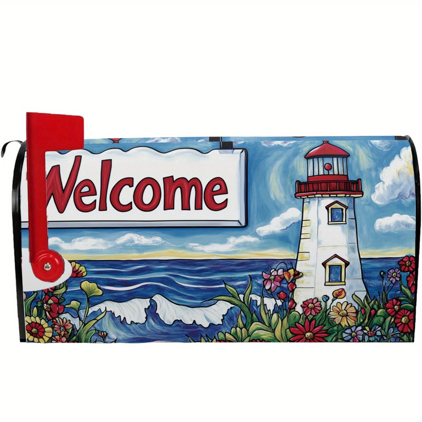 Vibrant Lighthouse & Floral Magnetic Mailbox Cover - Coastal Pillows Plus