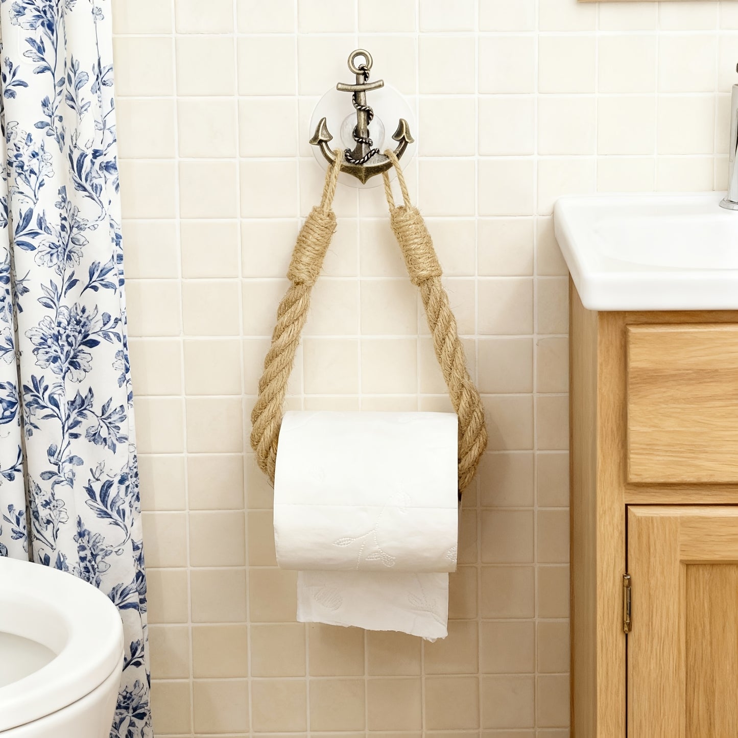 Nautical Anchor Jute Toilet Paper Holder – Rustic, No-Drill, Retro Bathroom Hardware