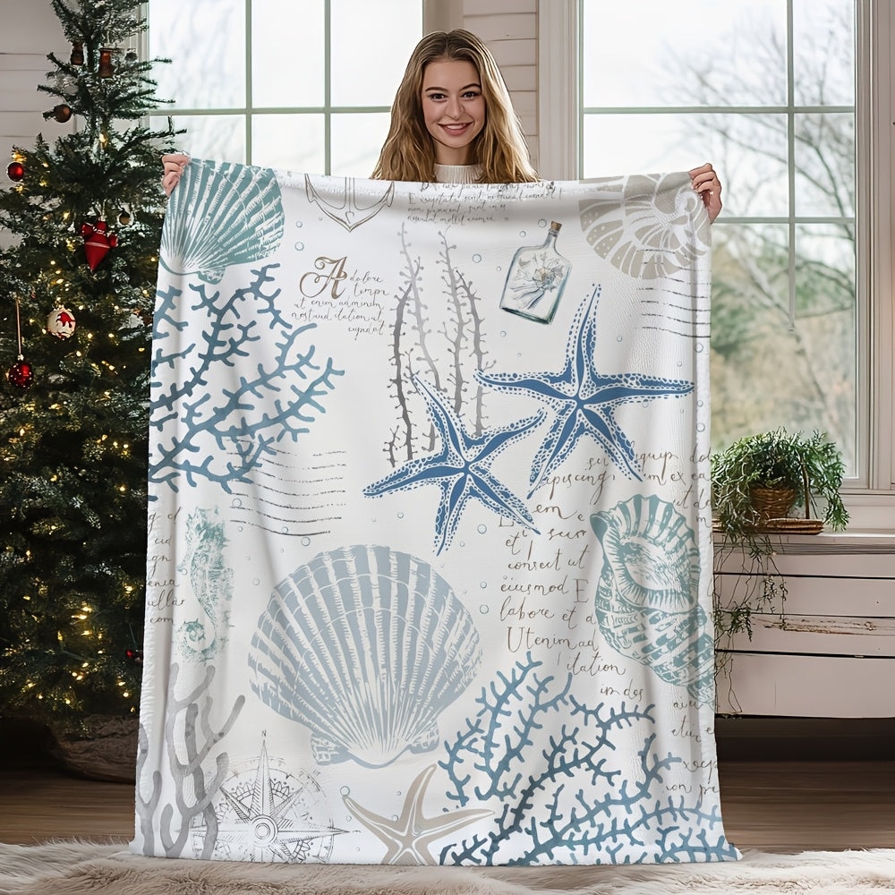 Pristine Vintage Nautical Starfish & Shell Blanket - Minimalist Light Blue Coral and Starfish Pattern, Cozy Plush Throw - Coastal Pillows Plus