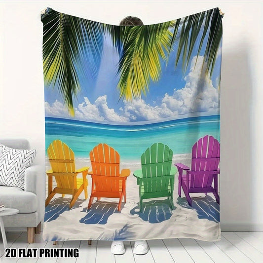 Vibrant Adirondack Chairs & Palm Tree Design Flannel Throw Blanket – 51x59"
