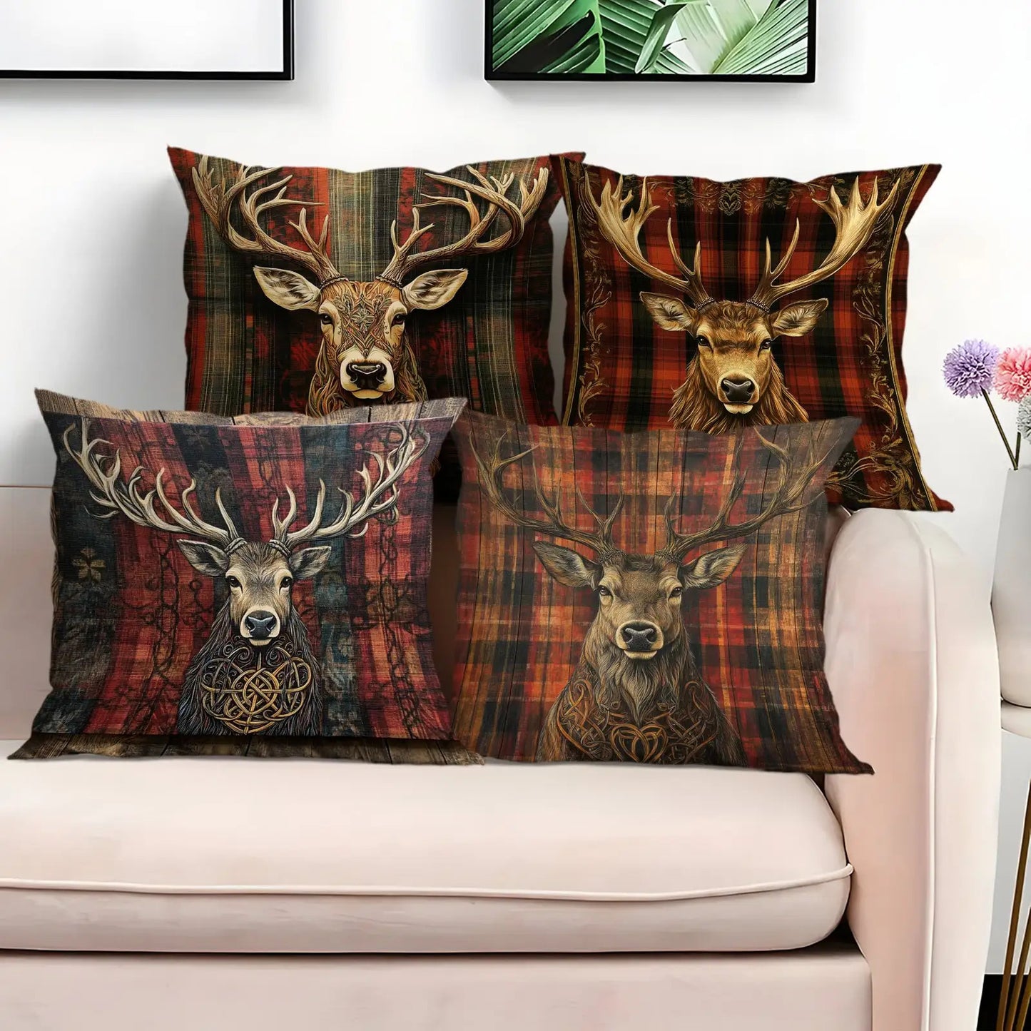 Plaid Deer & Celtic Knot Pillow Cover – Celtic Knot Medallion, 18"x18"