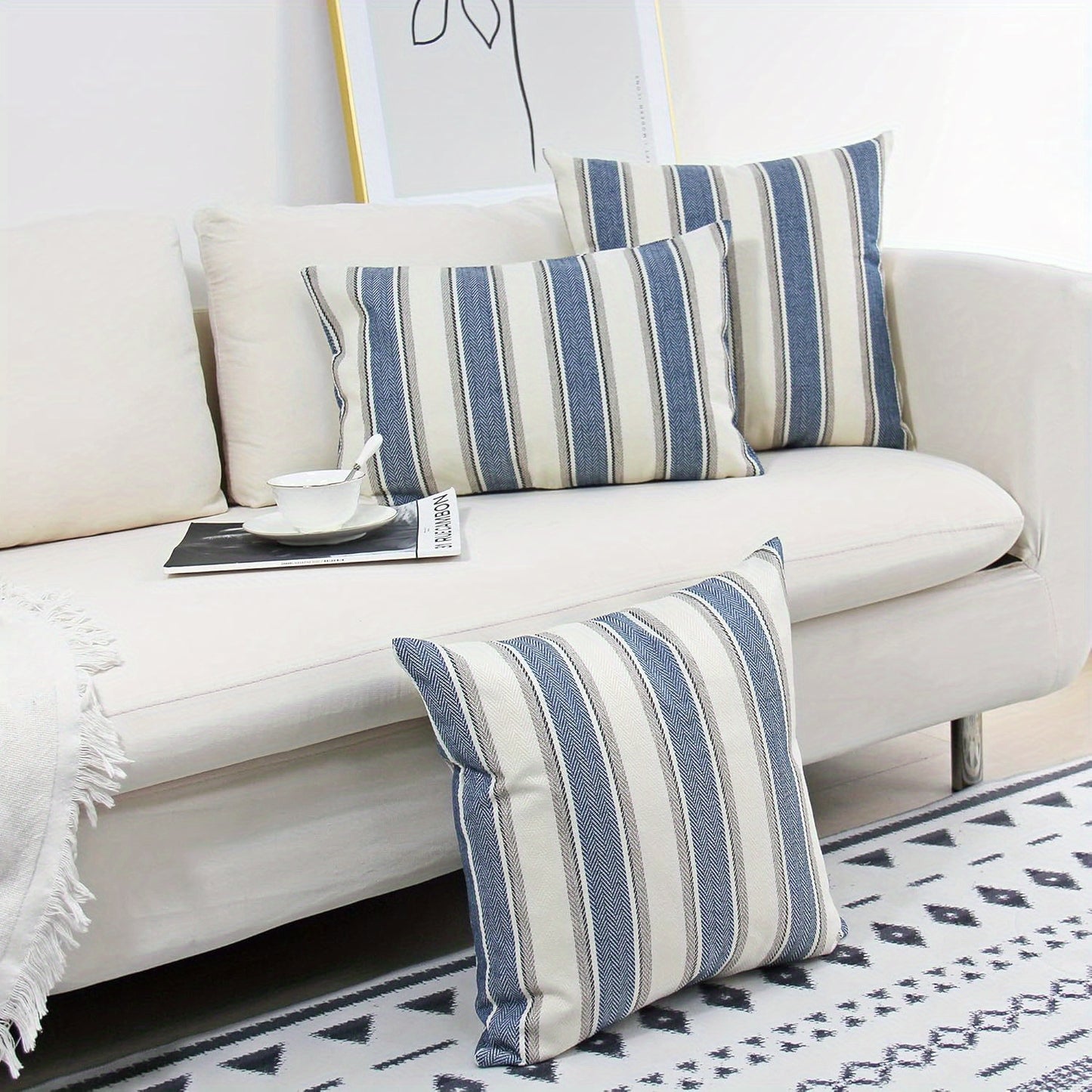 Blue Striped Throw Pillow Covers – Farmhouse Style, 18x18"