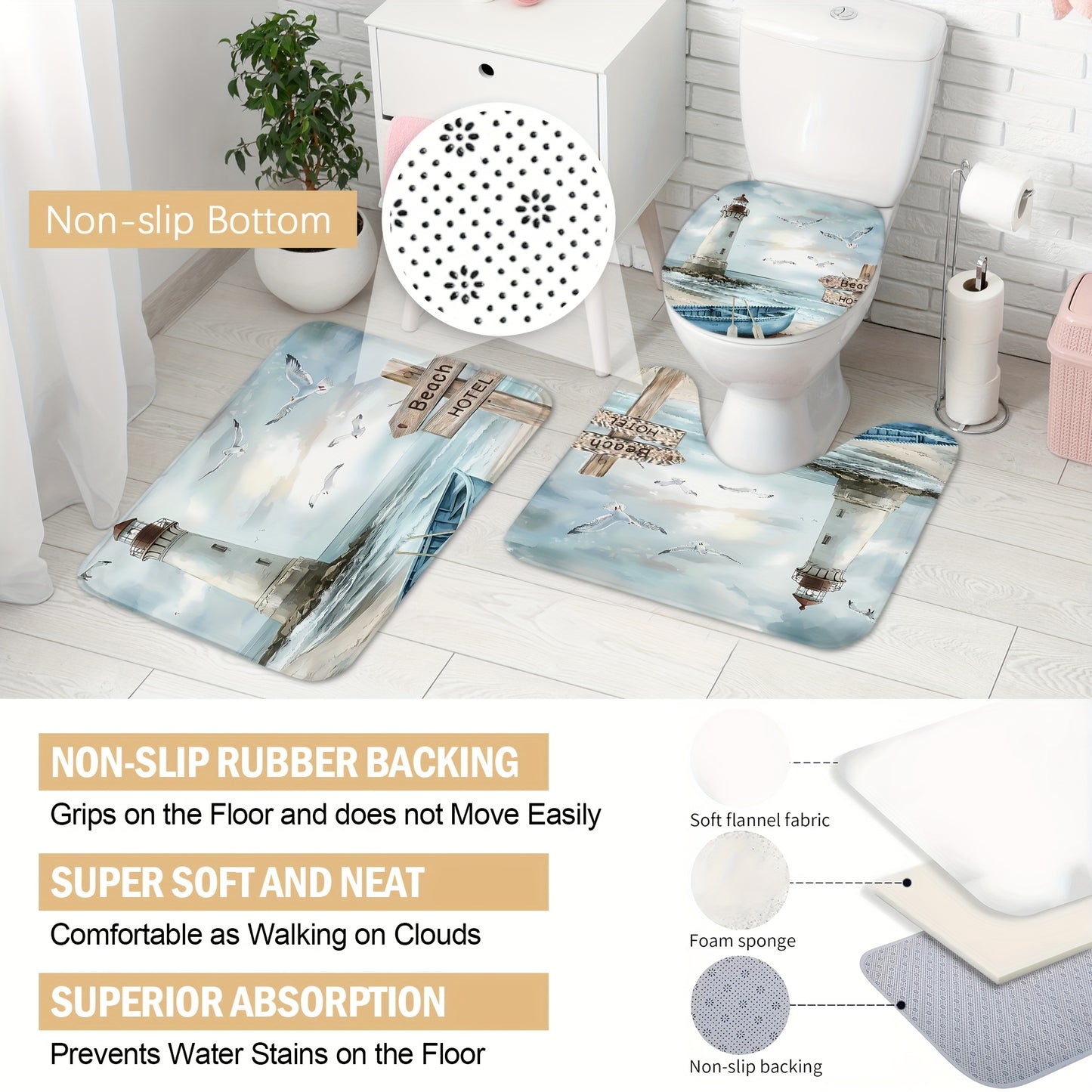 Illustrated Lighthouse & Rowboat Shower Curtain Set (4-Piece) – Soft Blue & Neutral