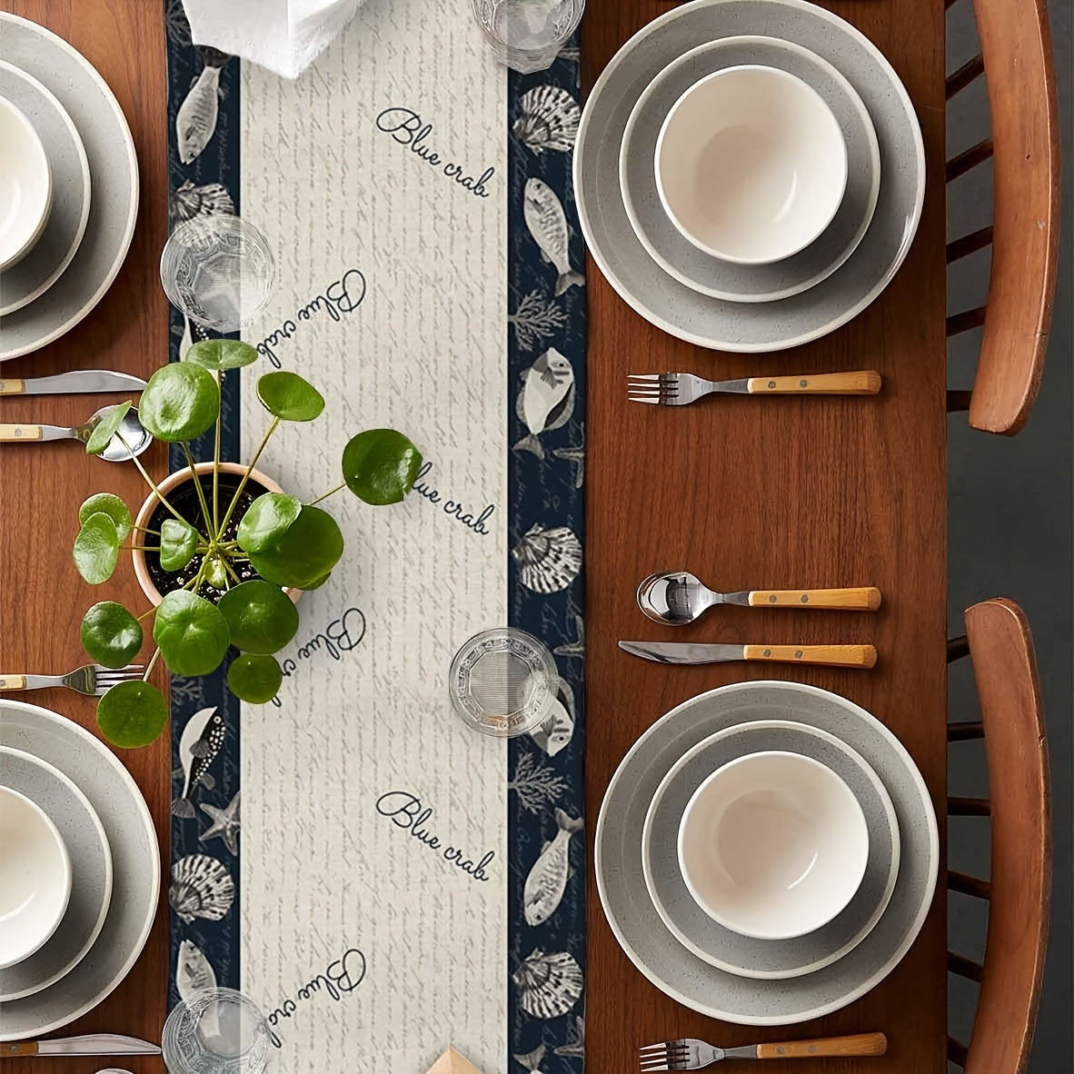Blue Crab & Tropical Fish Table Runner – Coastal Print, 13" x 72"