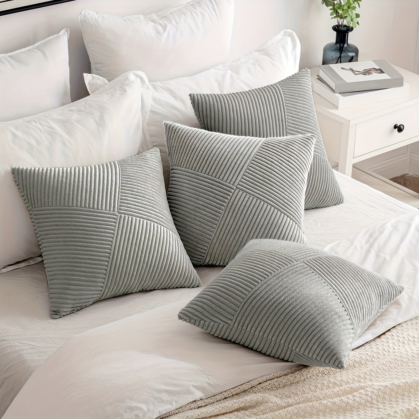 Soft 18x18 inch corduroy pillow cover with light and dark gray windmill striped splicing, styled on a sofa for bohemian décor – Coastal Pillows Plus.
