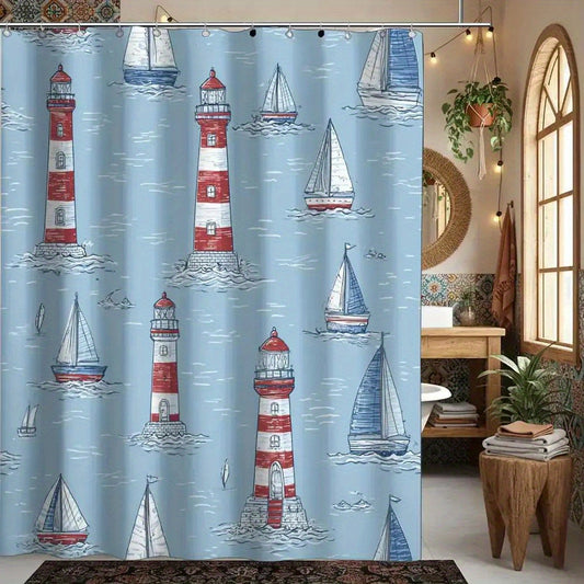 Lighthouse & Sailboat Nautical Shower Curtain – 70.87 x 70.87", Includes 12 Hooks