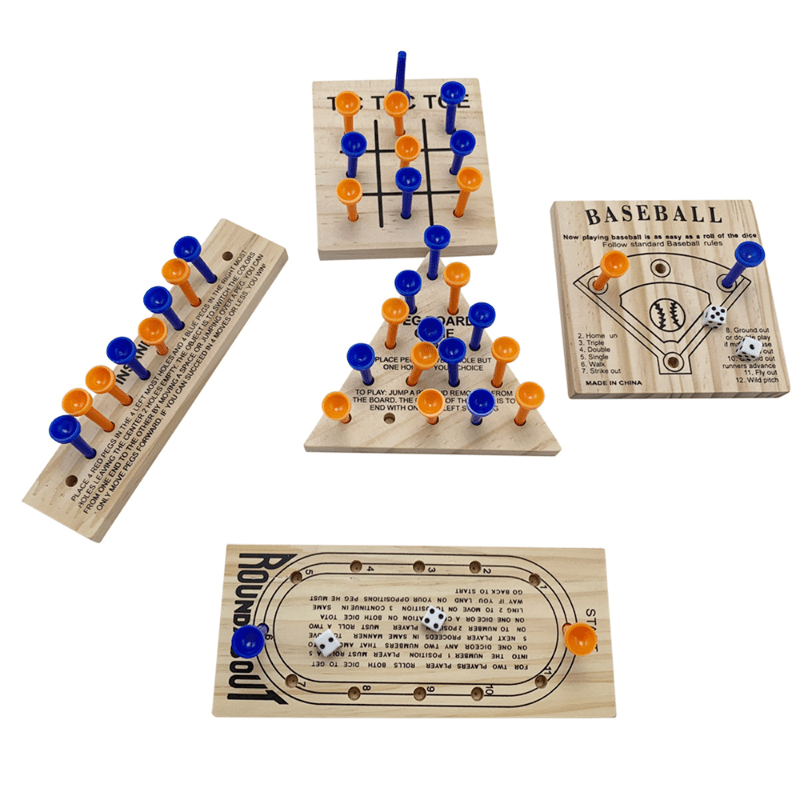 5-in-1 Family Multi-Game Set – Wooden Boards & Travel-Friendly Brain Teasers
