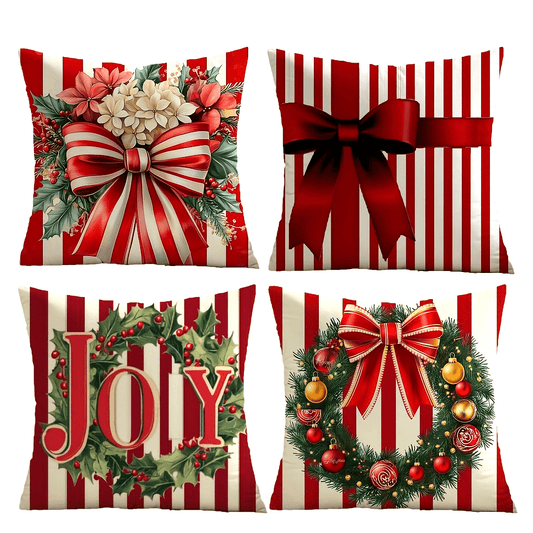 Red & White Striped Christmas Pillow Covers with Ribbon & Joy Design – Festive Holiday Cushion Cases (18x18")
