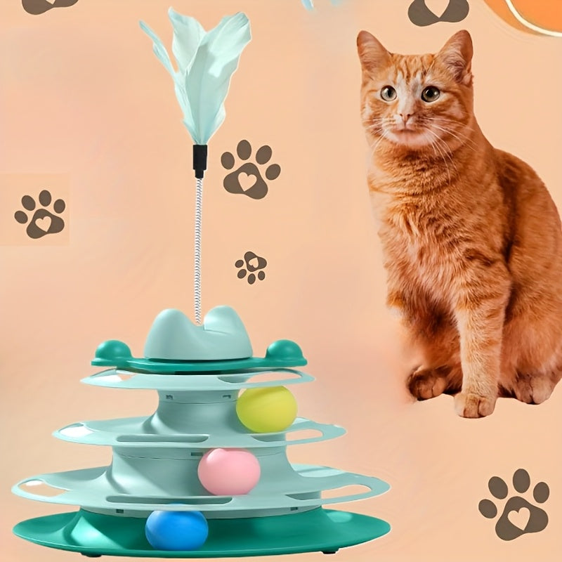 Interactive 4-Layer Cat Toy with Green Nylon Feather Teaser