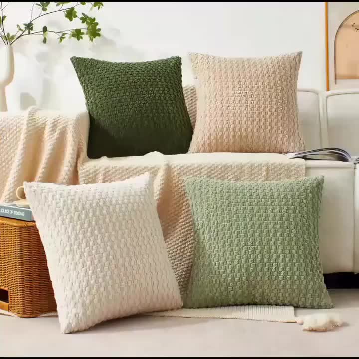 Grounded 18x18 inch cotton pillow covers in sage green, olive, beige, and white with plush corduroy and chunky knit textures for coastal décor – Coastal Pillows Plus.