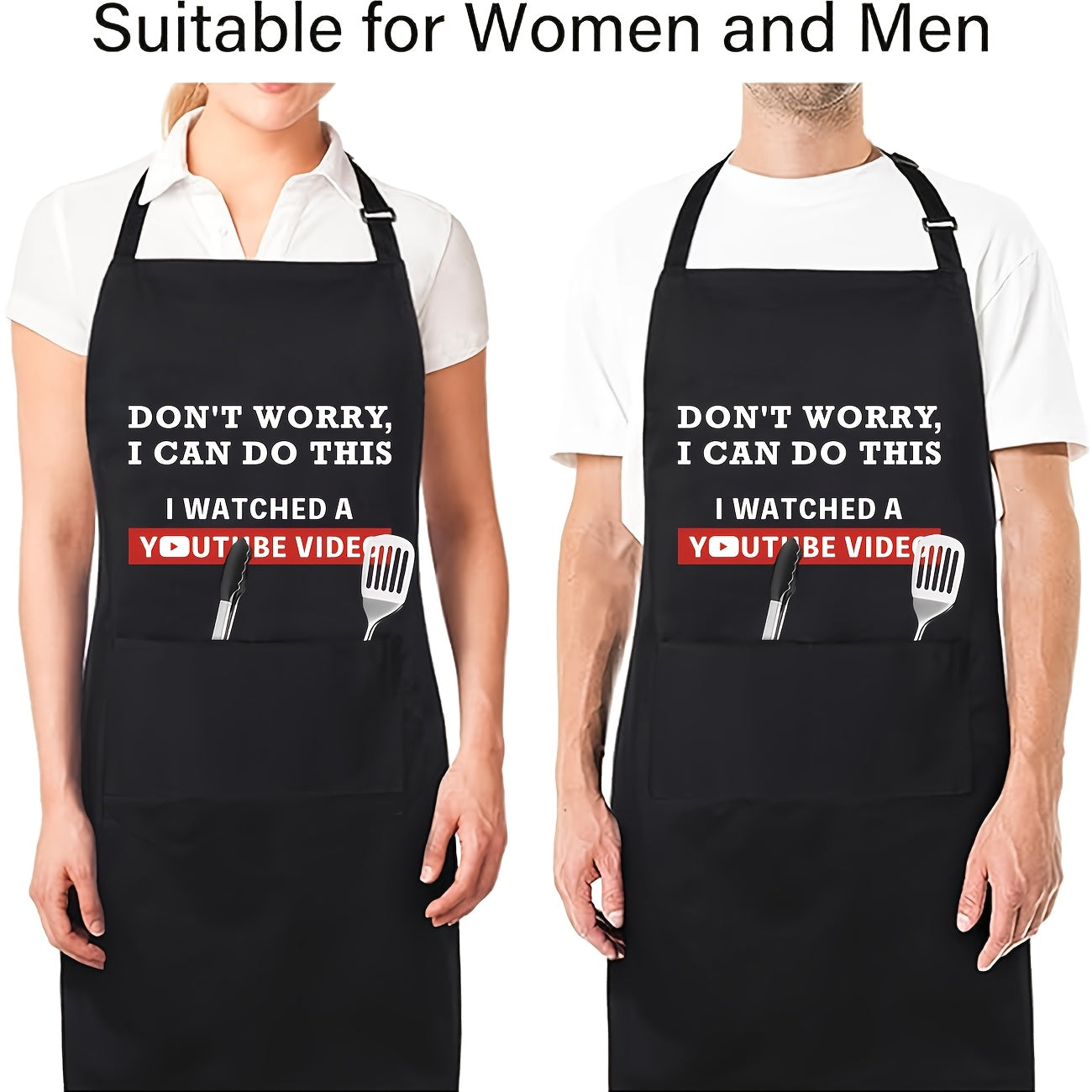 "Don't Worry, I can do this..." Black Apron – Adjustable Unisex Cooking & BBQ Apron with Pockets (25.6" x 30")