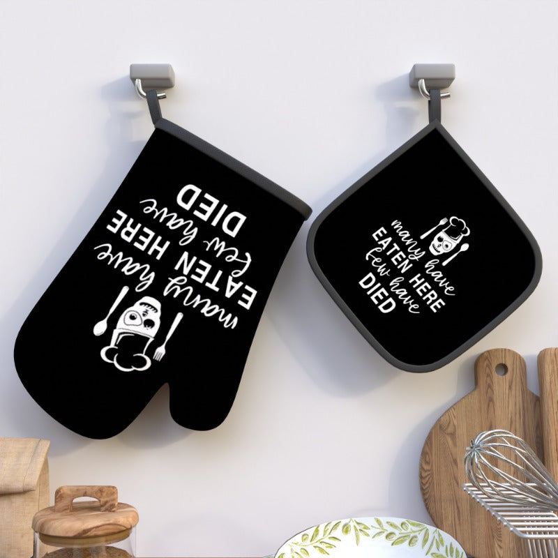 "Many have eaten here..." Heat-Resistant Oven Mitt & Pot Holder Set – Black with White