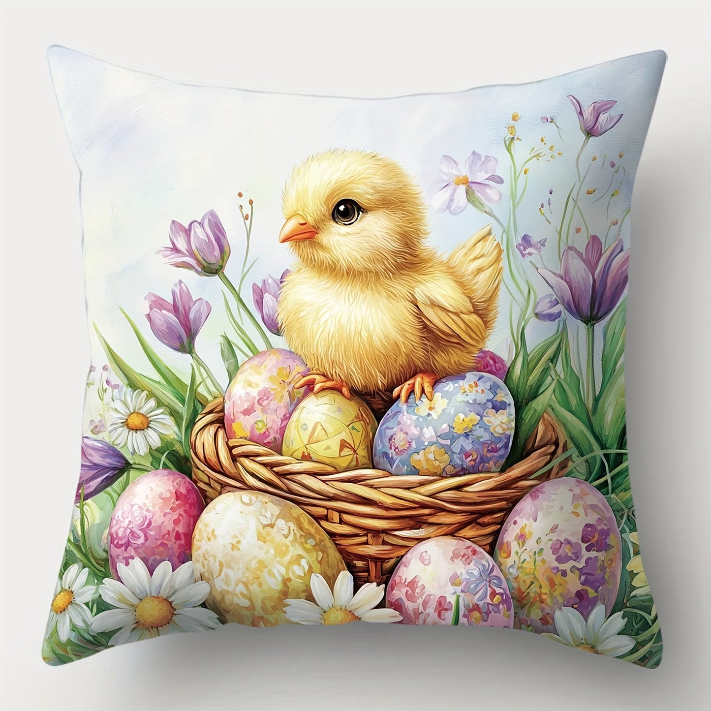 Endearing 18x18 inch Easter pillowcase with bunnies, chicks, lambs, eggs, and pastel floral patterns, styled on sofas or chairs for spring and Easter décor – Coastal Pillows Plus