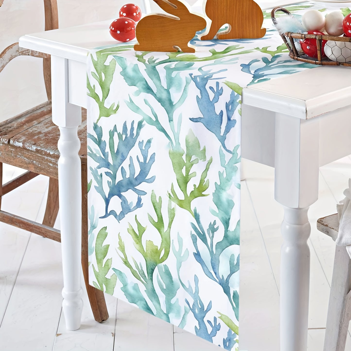 Watercolor Coral Table Runner – Soft Blue Tones, 13" x 48" / 13" x 72"