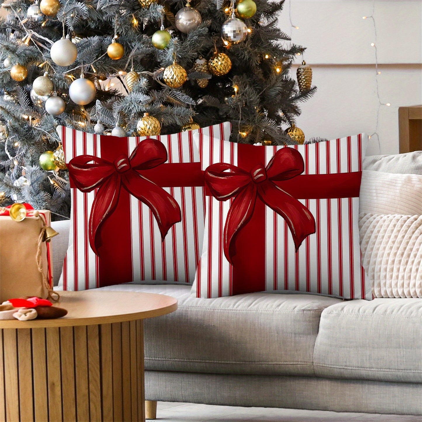 Ribbon Bow Pillow Cover – Red and White Stripe, 18"x18"
