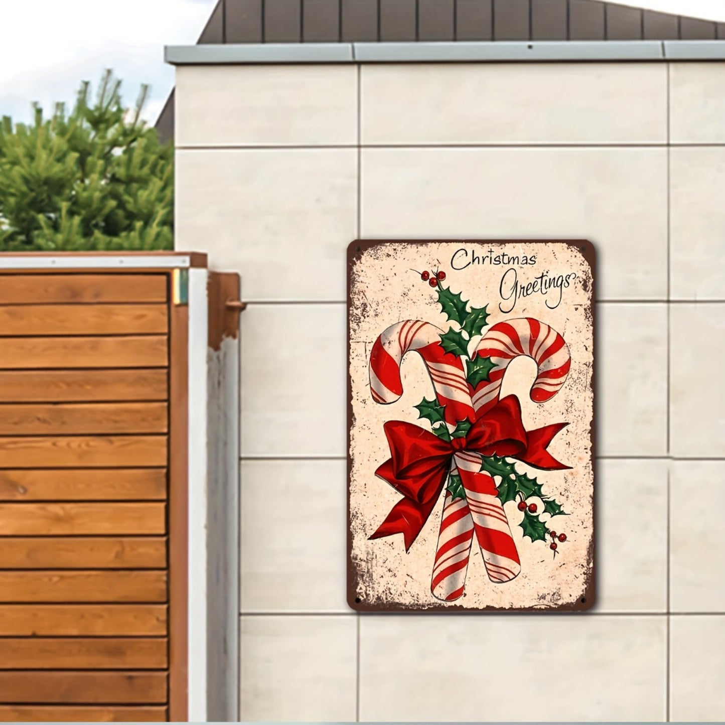 Candy Canes & Holly Christmas Metal Sign, 8x12