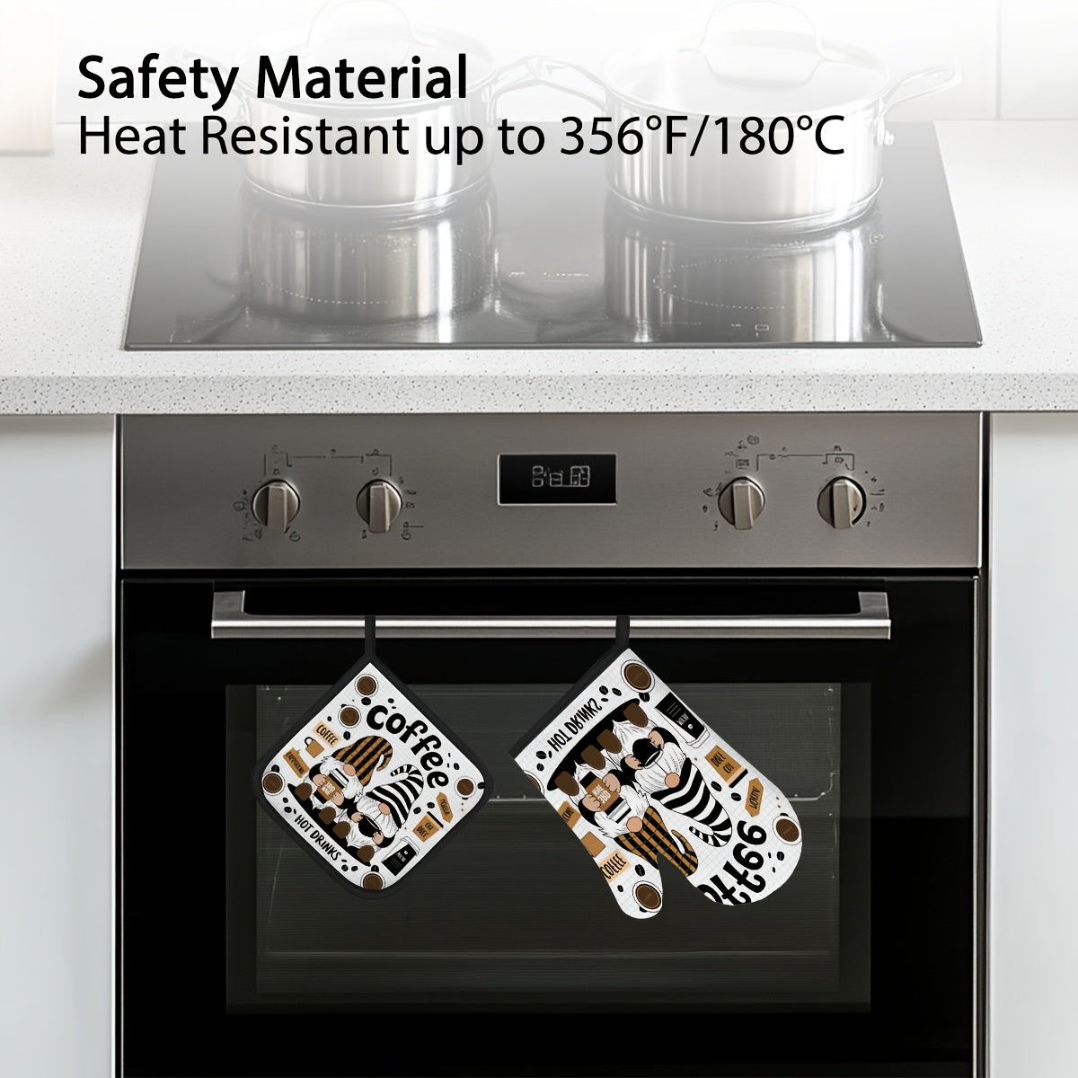 Whimsical Gnome Coffee-Themed Oven Mitt & Pot Holder Set – Heat-Resistant