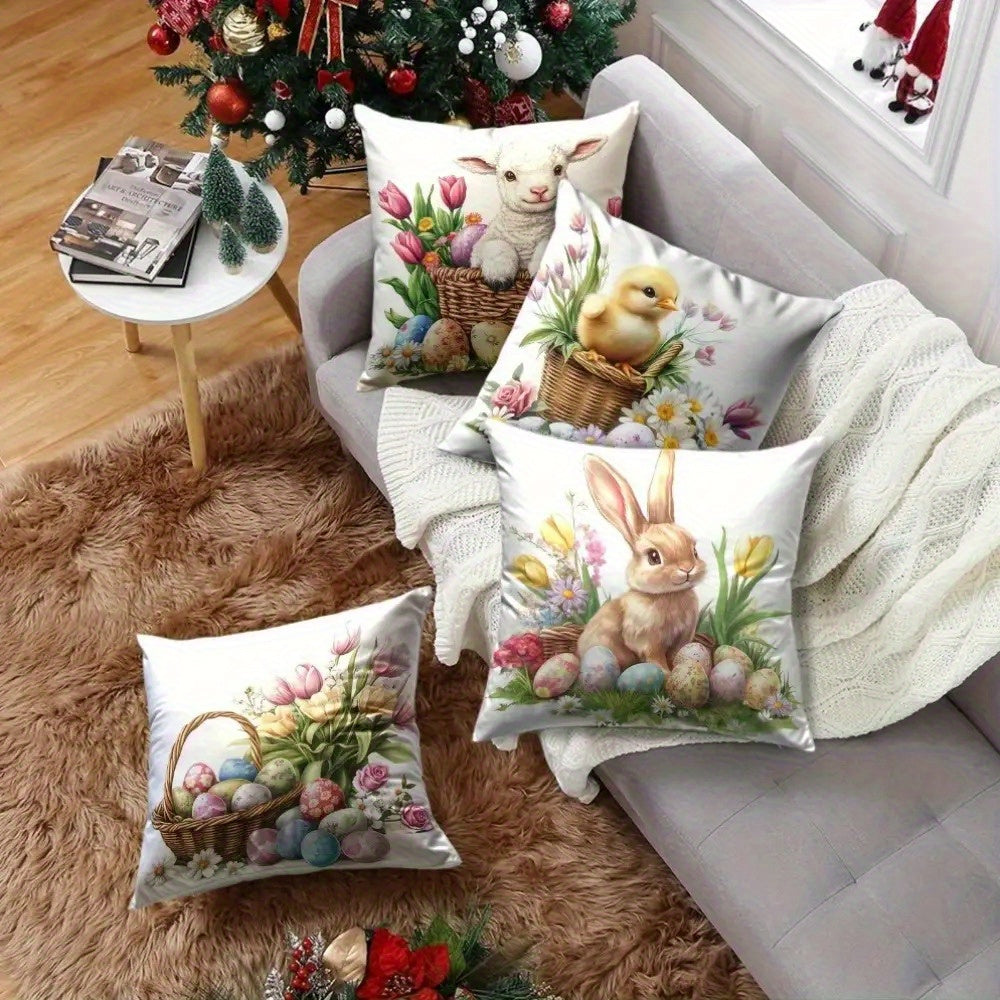 Enchanting 16x16 inch Easter pillow cover featuring watercolor bunny, chick, and lamb illustrations with spring florals for festive décor – Coastal Pillows Plus.