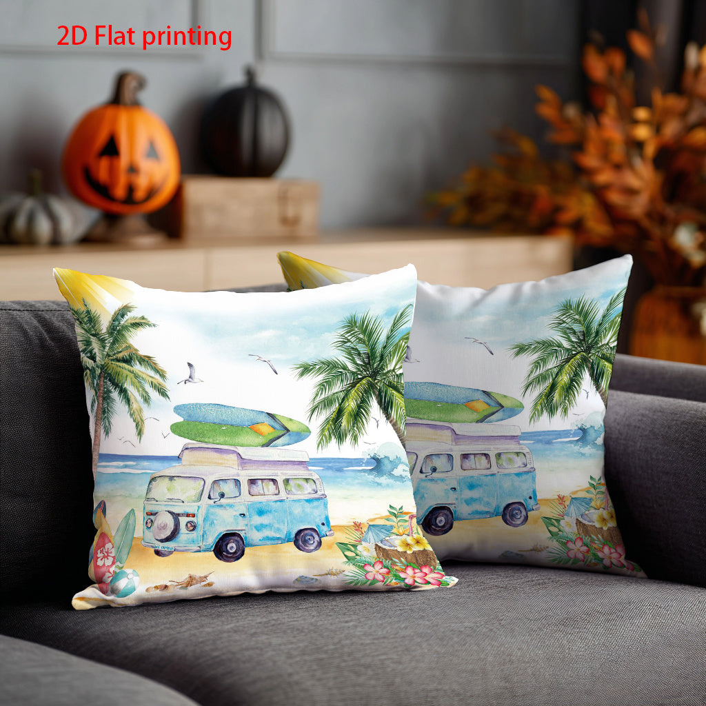 Vintage Beach Scene Throw Pillow Cover – Surfboard, Palm Trees & Blue Van Design, 18x18"