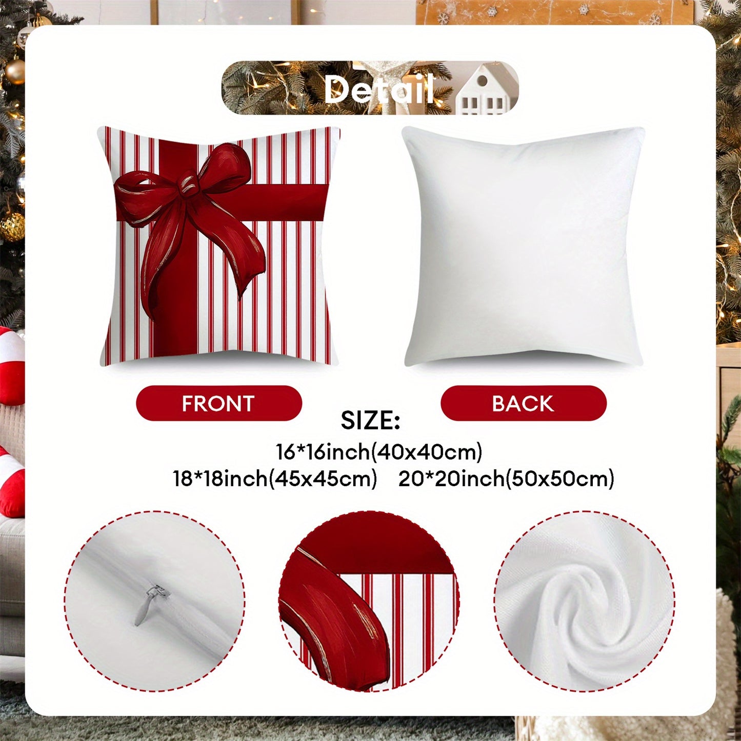 Ribbon Bow Pillow Cover – Red and White Stripe, 18"x18"
