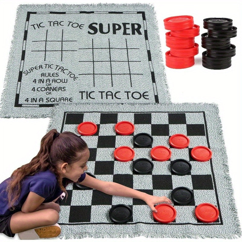 3-in-1 Giant Checkers & Tic-Tac-Toe Set – Reversible Mat for Indoor & Outdoor Fun