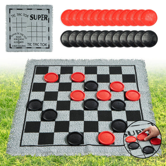 3-in-1 Giant Checkers & Tic-Tac-Toe Set – Reversible Mat for Indoor & Outdoor Fun