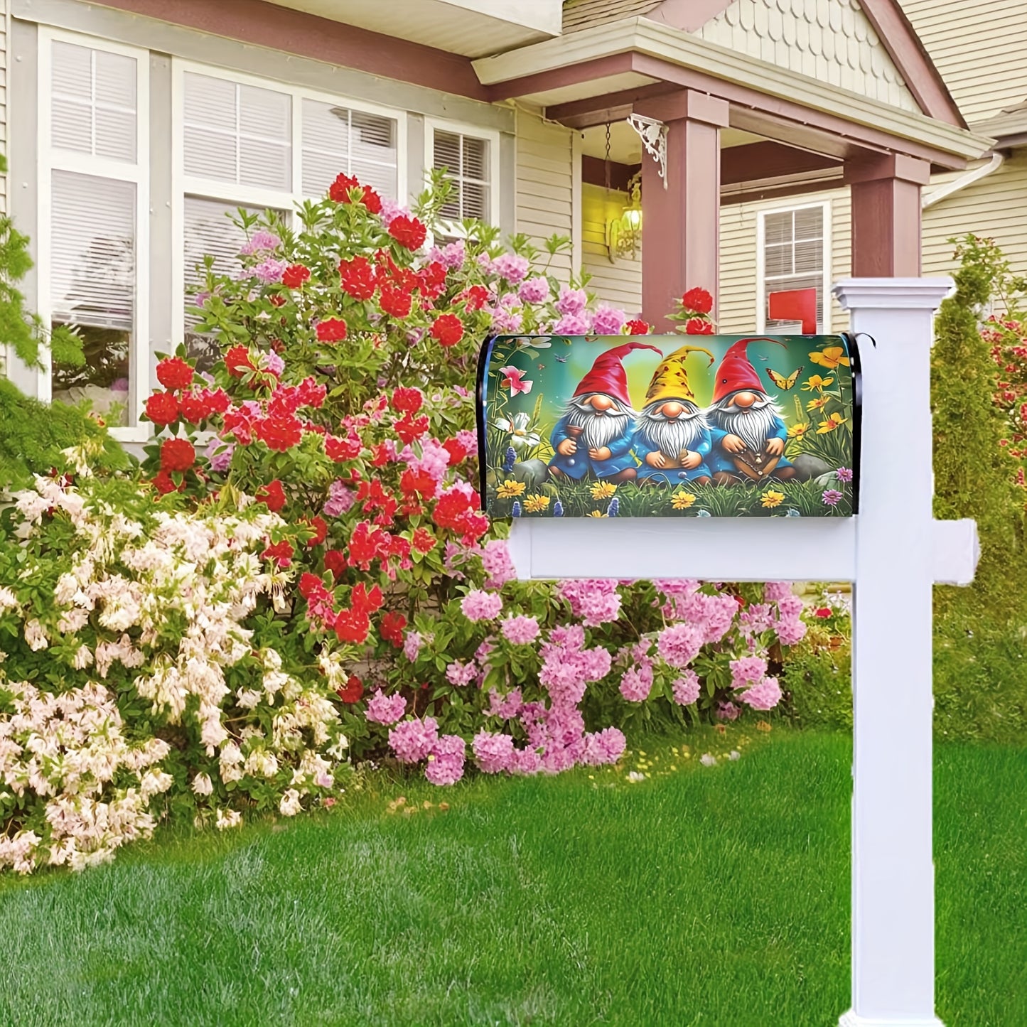 Garden Gnomes with Flowers Mailbox Cover – Adjustable Buckle, 18" x 21"