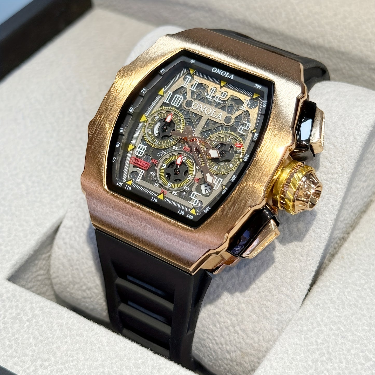 ONOLA Men’s Wine Barrel Quartz Watch – Luxury Chronograph with Date/Day/24H Indicator