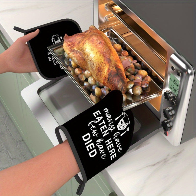 "Many have eaten here..." Heat-Resistant Oven Mitt & Pot Holder Set – Black with White