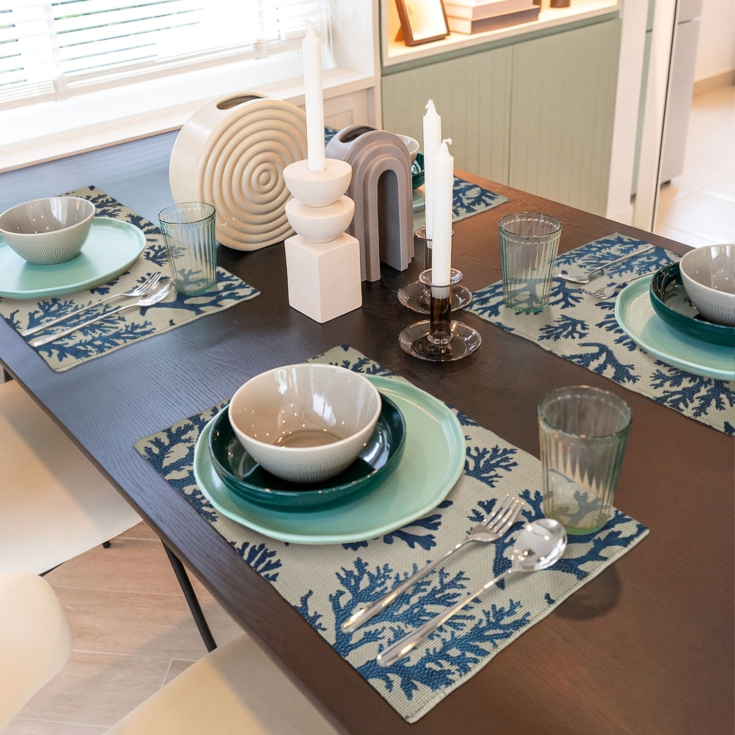 Blue Coral Placemats – Set of 4 Linen Table Mats, 12"x18"