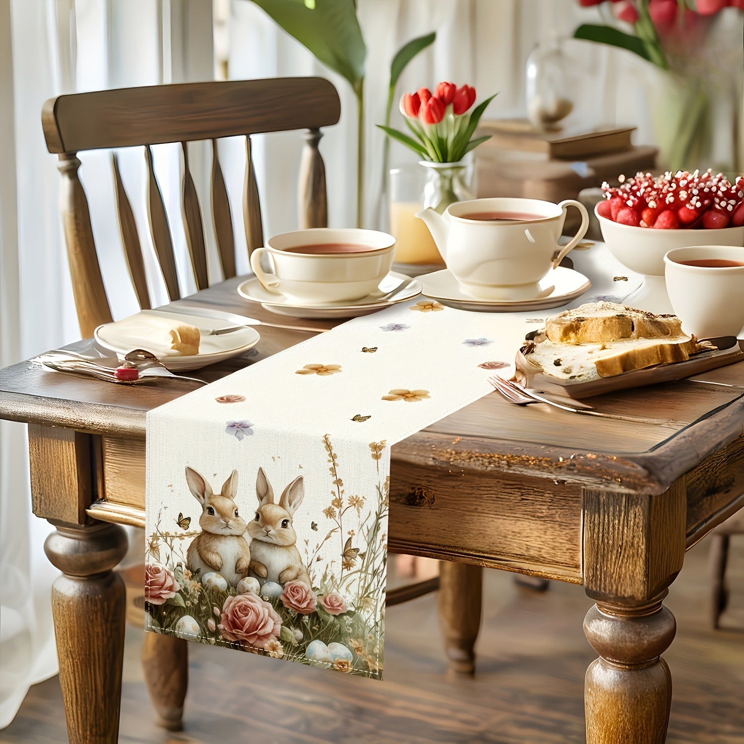 Festive 13x72 / 13x108 inch Easter table runner with bunnies, decorated eggs, and pink roses styled on a dining table for spring holiday décor – Coastal Pillows Plus