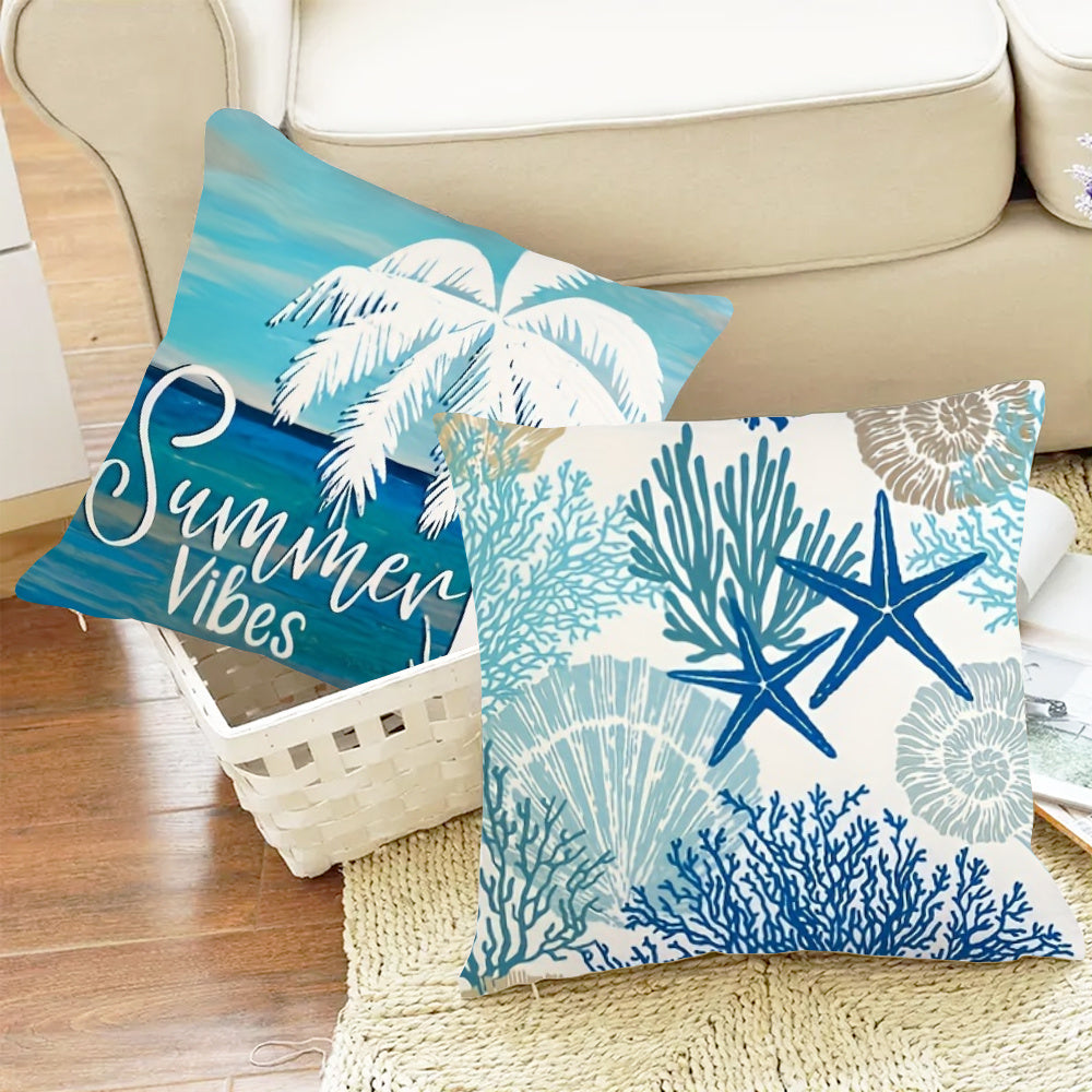 Summer Ocean Beach Pillowcase – Coastal Marine Life Design, 18x18"