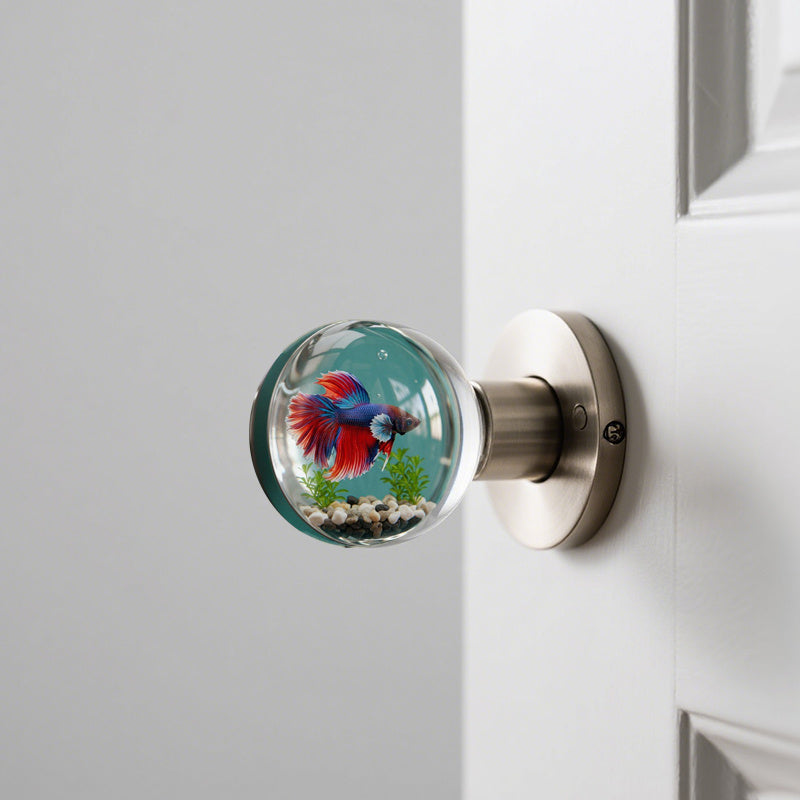 Vintage nautical resin door knob with a 3D guppy design in a clear globe, adding a touch of coastal charm to home décor.