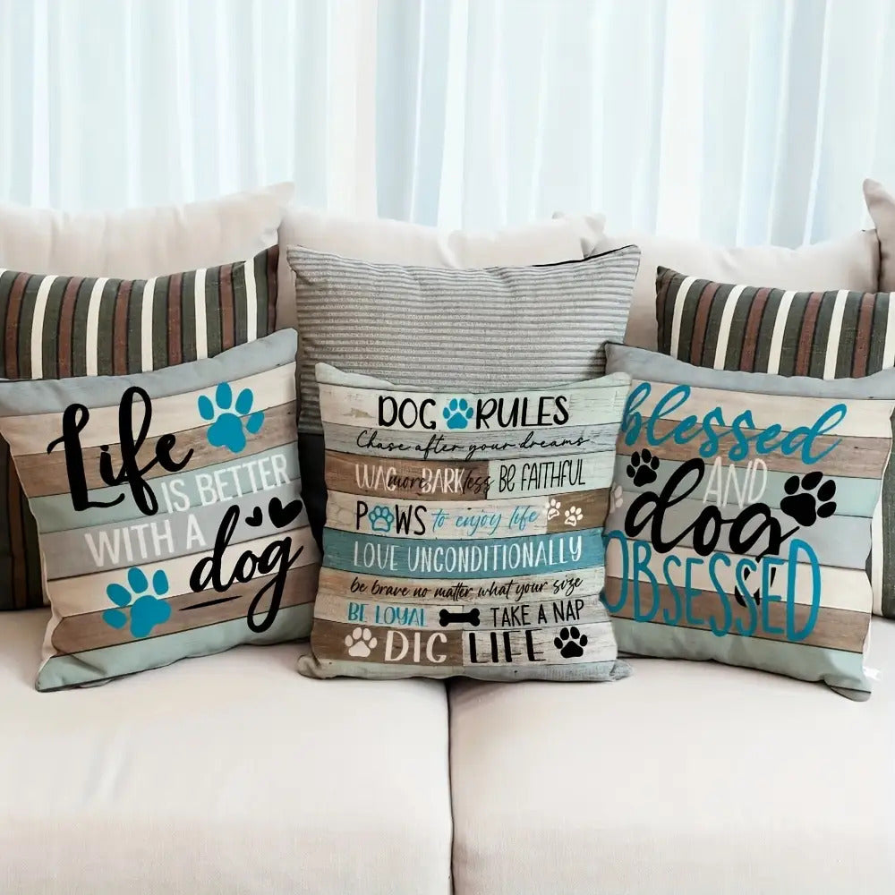 Whimsical 20x20 inch dog-themed pillow covers with four unique personality quotes on a faux wood-grain background for coastal décor - Coastal Pillows Plus
