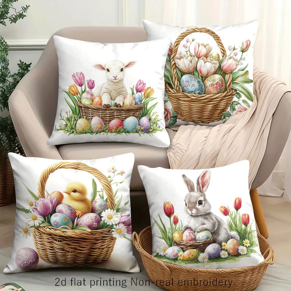 Illustrative 18x18 inch pillow cover with watercolor-style Easter lambs, bunnies, chicks, tulips, or colorful eggs in woven baskets, styled on a sofa for holiday décor – Coastal Pillows Plus