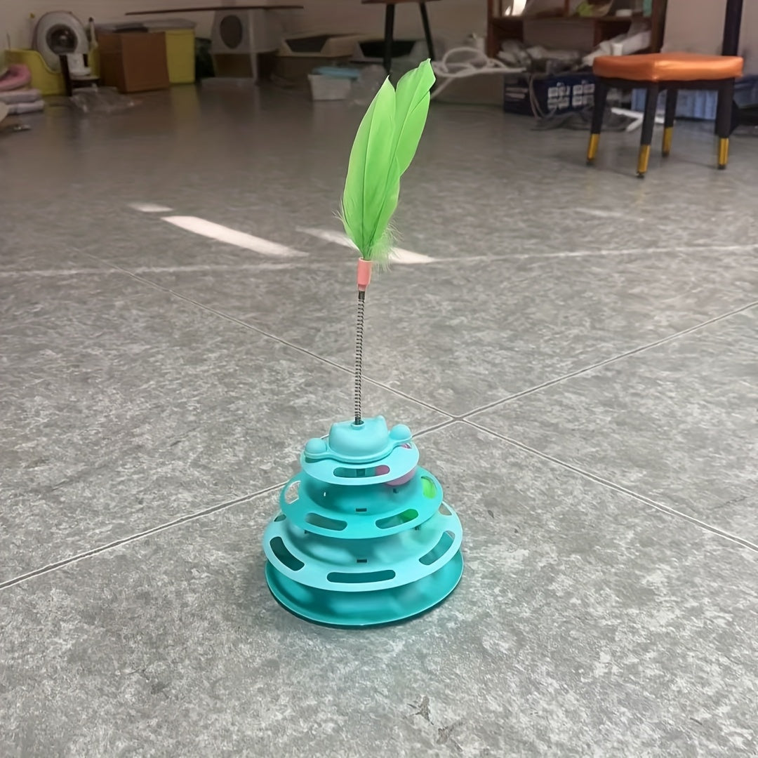 Interactive 4-Layer Cat Toy with Green Nylon Feather Teaser