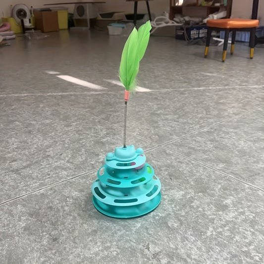 Interactive 4-Layer Cat Toy with Green Nylon Feather Teaser