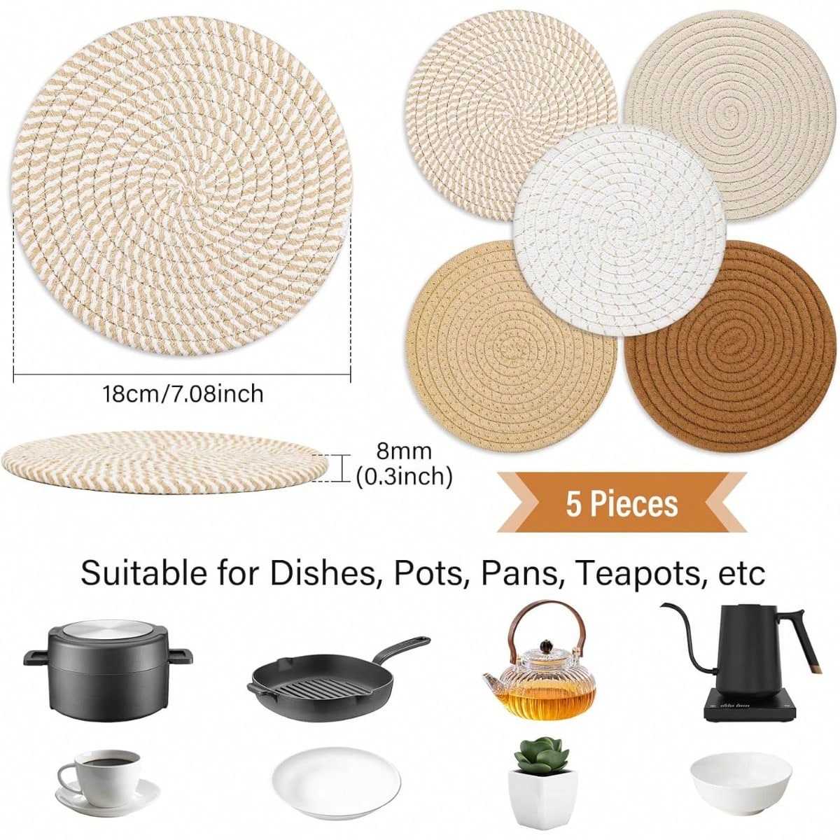 Trivet Mats Set for Hot Dishes – 5-Piece Heat-Resistant Pot Holders for Kitchen, Counter, or Table – Available in Gray or Brown
