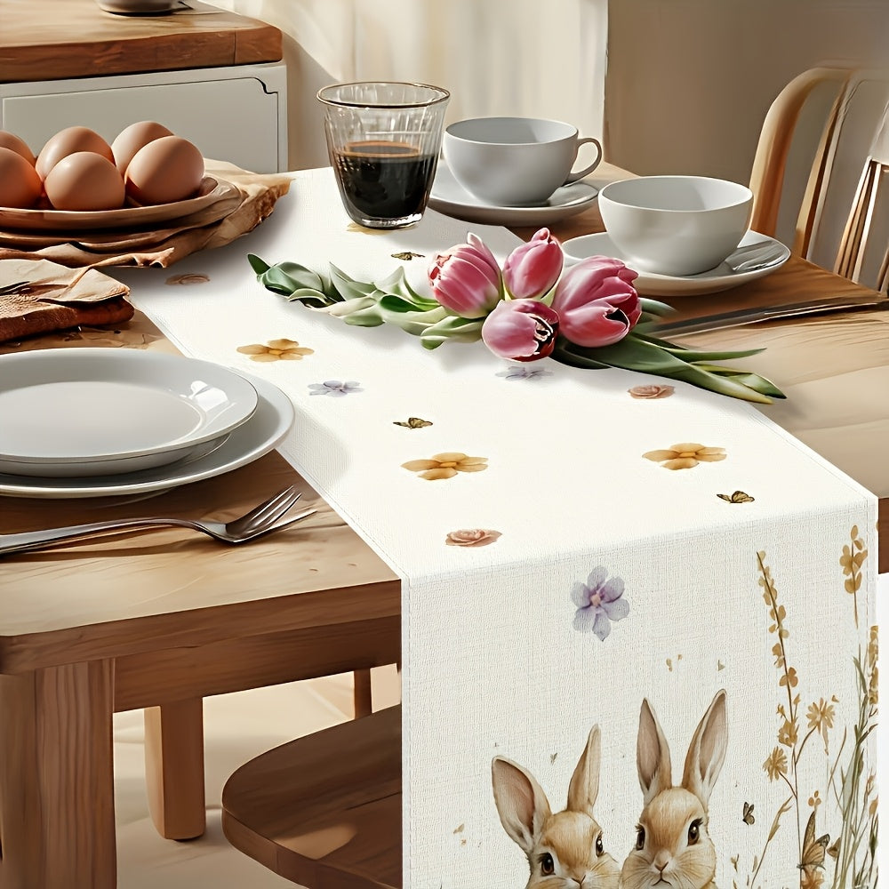 Festive 13x72 / 13x108 inch Easter table runner with bunnies, decorated eggs, and pink roses styled on a dining table for spring holiday décor – Coastal Pillows Plus