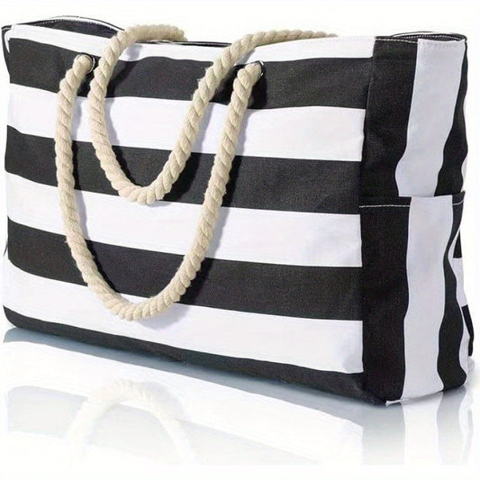 Black & White Striped Lightweight Foldable Beach Tote