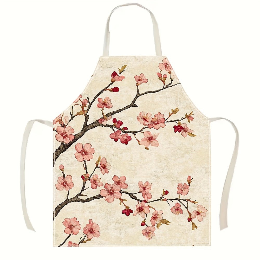 Red & Pink Cherry Blossom Apron – Floral Branch Design, 100% Linen