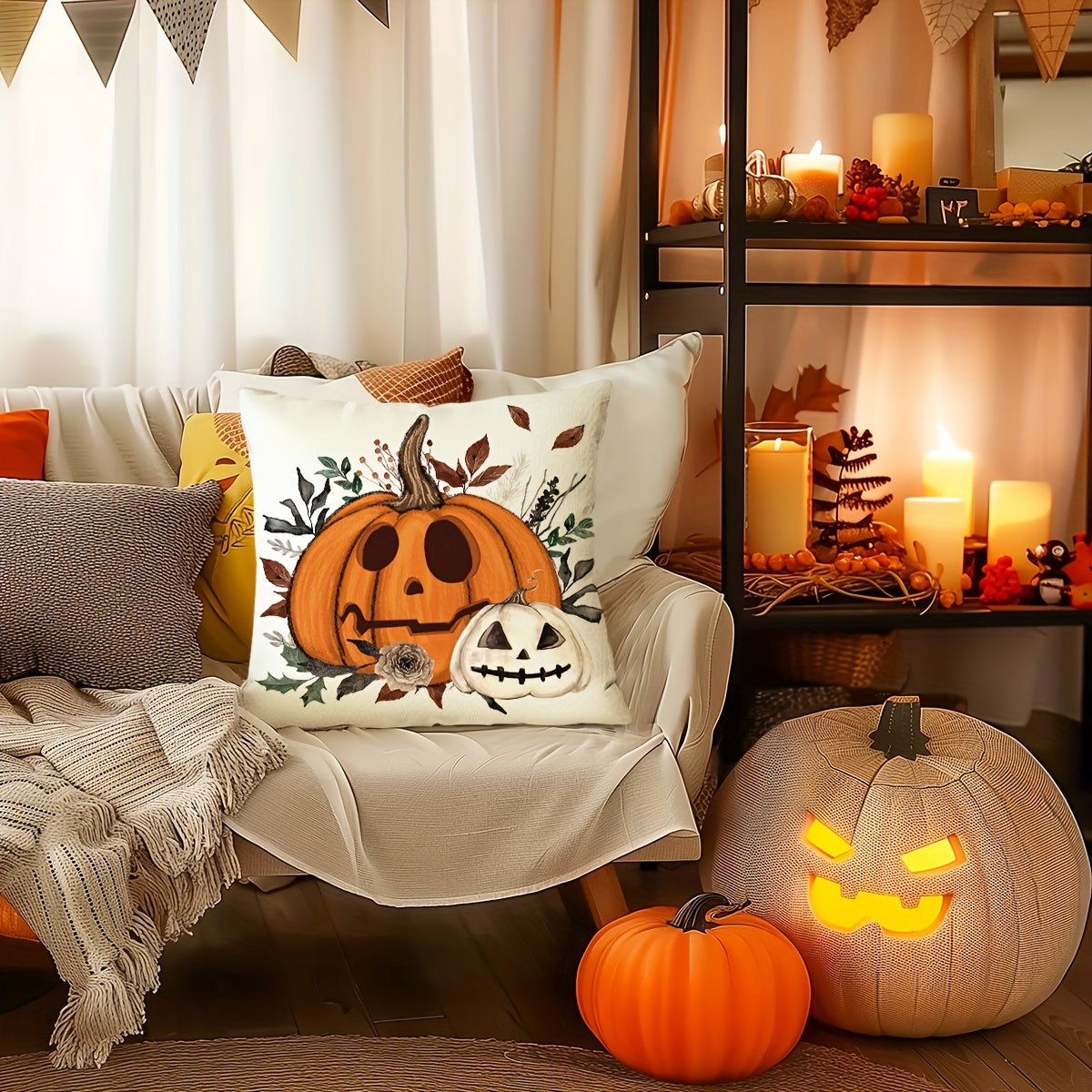 Halloween Cat & Pumpkin Throw Pillow Covers – 18x18" Orange & Black