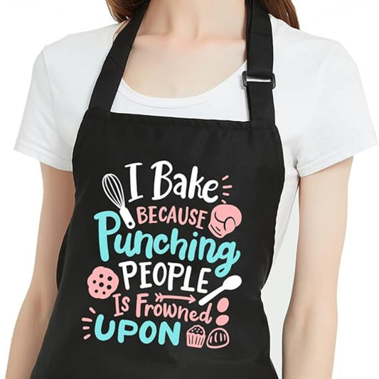 “I Bake Because Punching People Is Frowned Upon” Apron – Waterproof Unisex Kitchen & Baking Apron with Pockets, (27.6"x33")