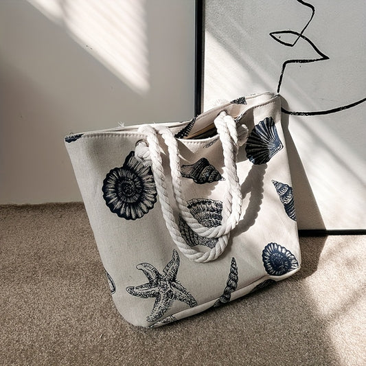 Shell Pattern Canvas Tote Bag – Lightweight Marine Life Beach & Travel Bag