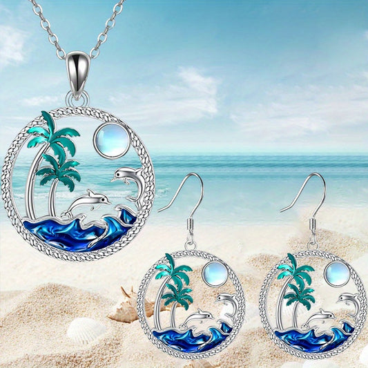 Palm Tree & Dolphin 3-Piece Jewelry Set – Necklace & Earrings