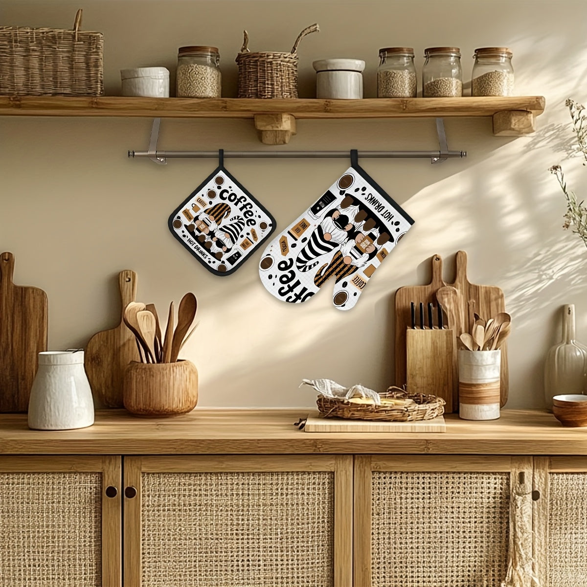 Whimsical Gnome Coffee-Themed Oven Mitt & Pot Holder Set – Heat-Resistant