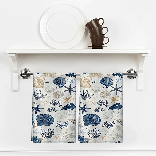 2-Piece Shell, Starfish & Coral Hand Towels – 14.2 x 21.3", Super Absorbent Polyester