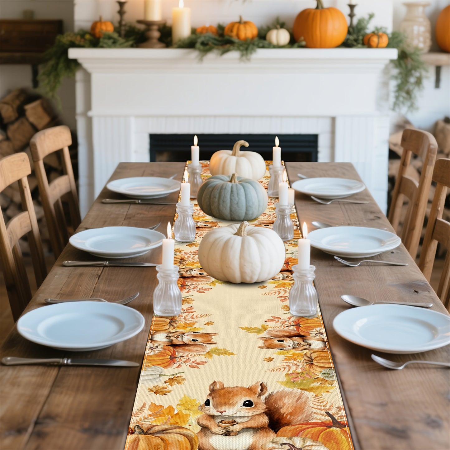 Hand-Painted Autumn Table Runner – Squirrel, Pumpkin & Fall Leaves, 13x72/108"