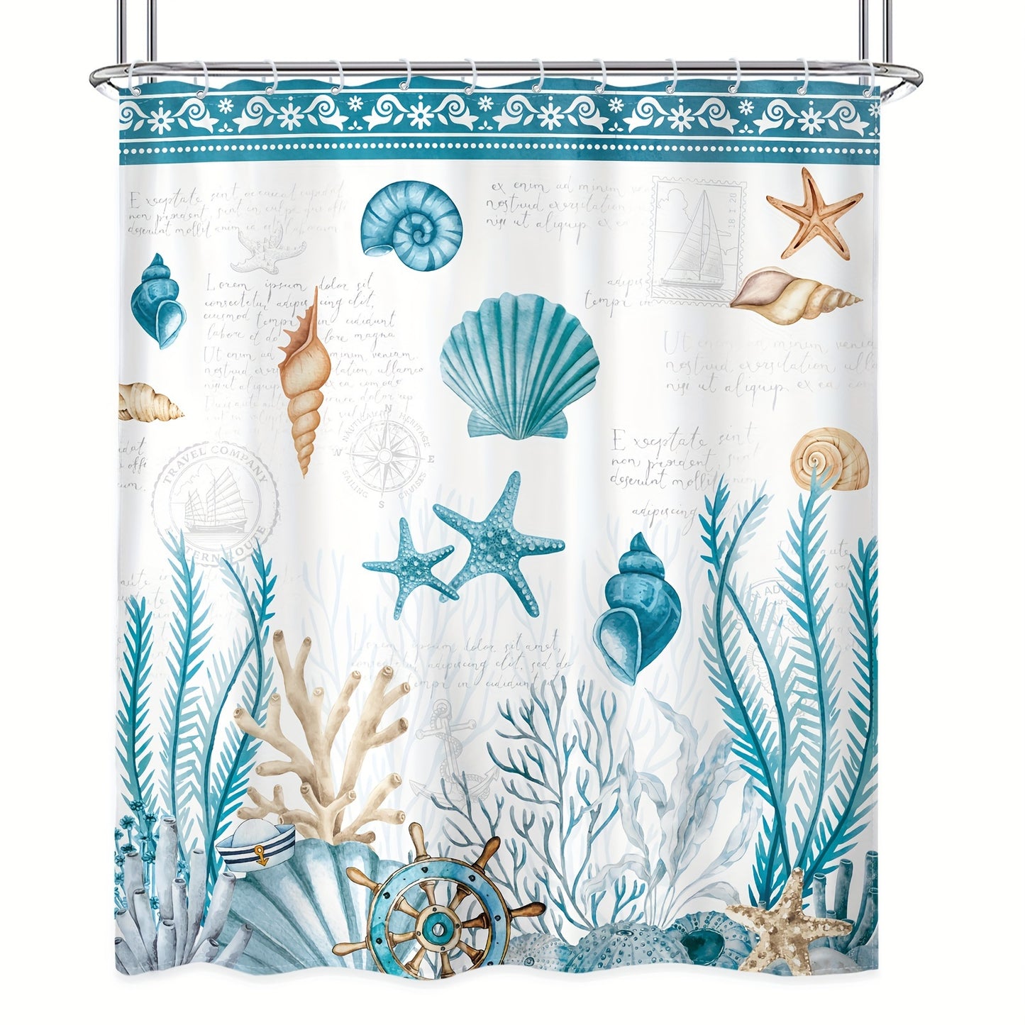 Illustrated Seashell & Coral Shower Curtain Set (4-Piece) – Blue & Teal