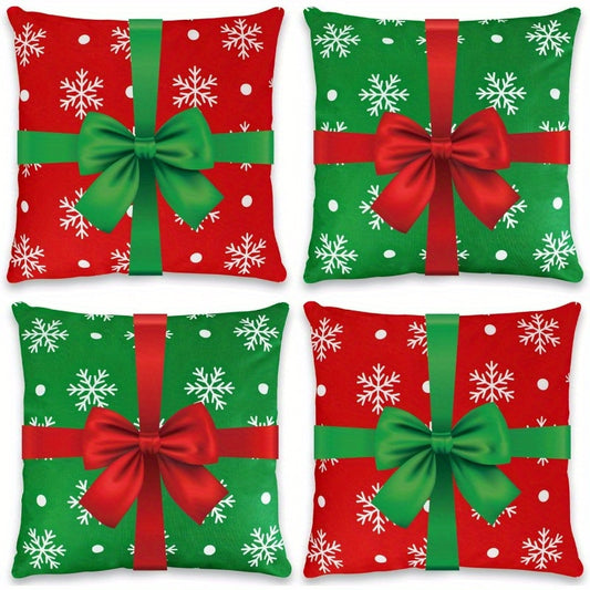 Holiday Gift Bow Pillow Cover – Double-Sided Red or Green Christmas Design, 18x18"